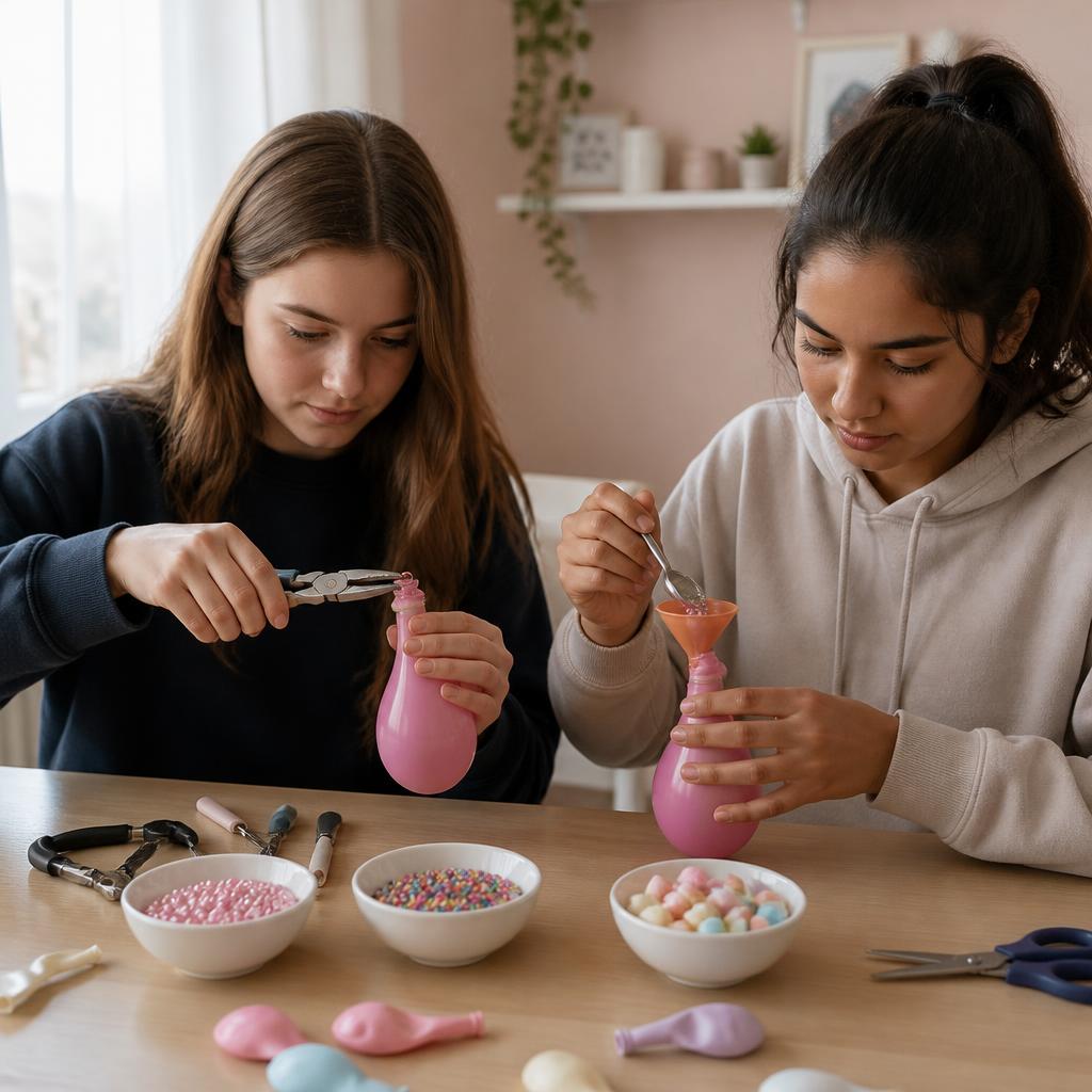 Two girls making DIY stress balls together with beads and balloons