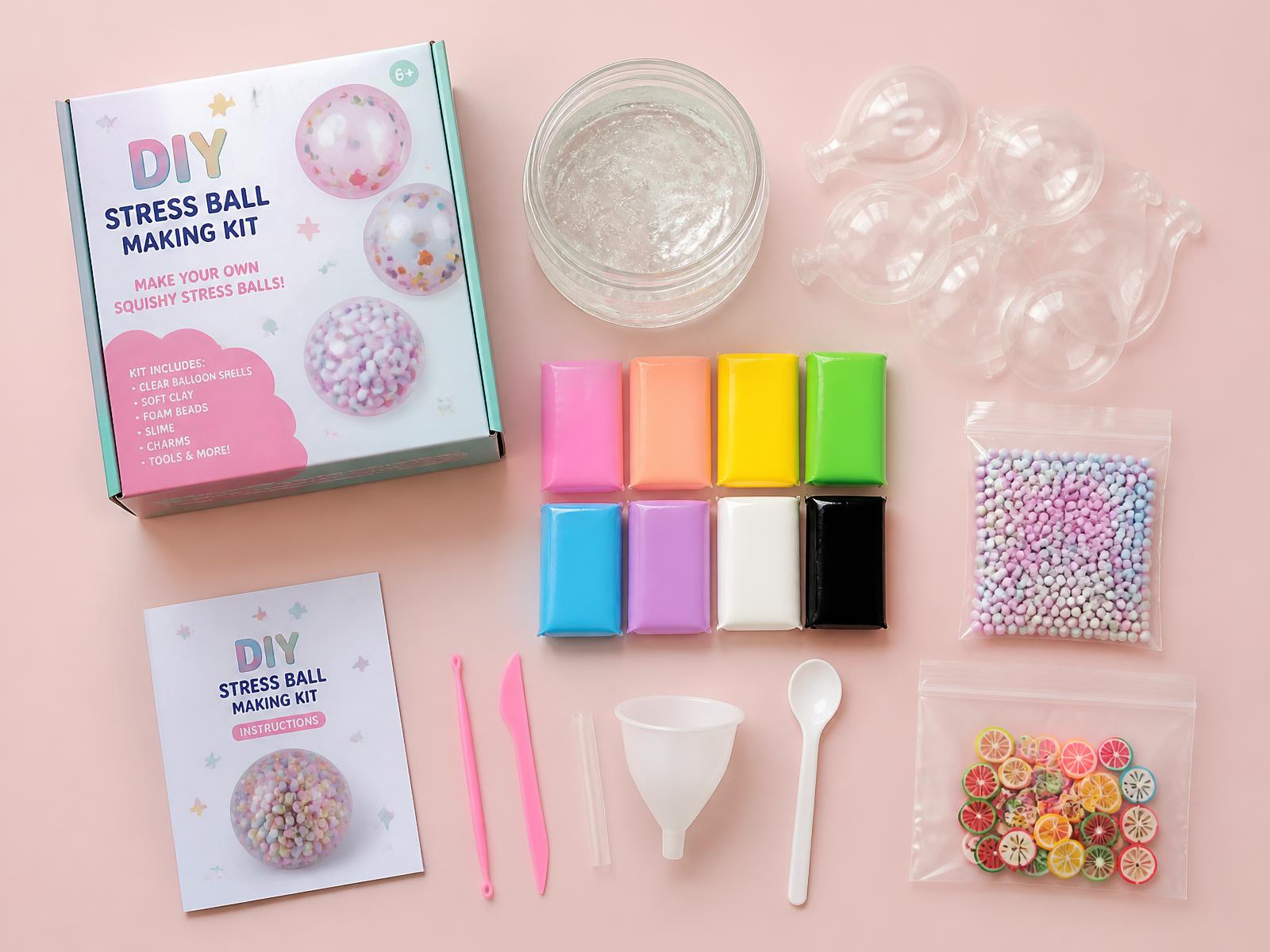 Full contents of the Knead Crafts DIY Stress Ball Kit laid out